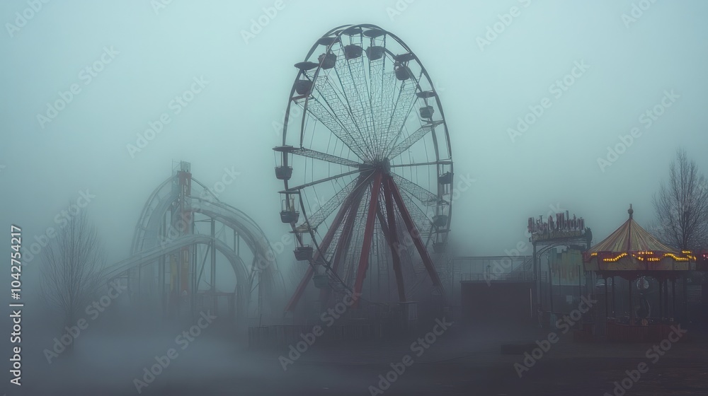 A Foggy Fairground: A Ferris Wheel and Rollercoaster Disappear into the Mist A Foggy Fairground: A Ferris Wheel and Rollercoaster Disappear into the Mist