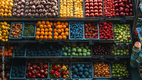 Colorful and organized display of fruits and vegetables in a grocery store