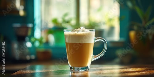 a glass of coffee sitting on a table photo