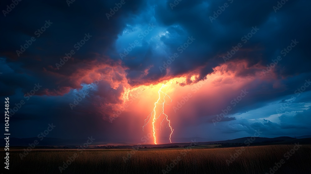 Fototapeta premium Dramatic Lightning Strike in Stormy Sky Over Rural Landscape