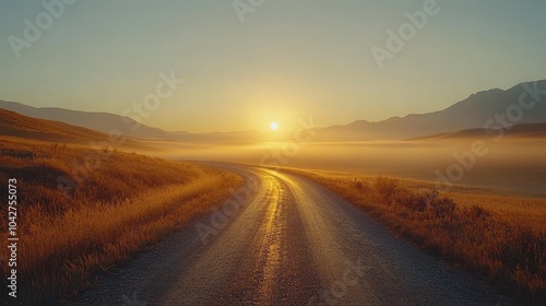 The movie's wide shot of the empty winding road in the early morning is shrouded in a soft mist. The golden light penetrates the mist, and the sky transitions from deep blue to a soft morning color.