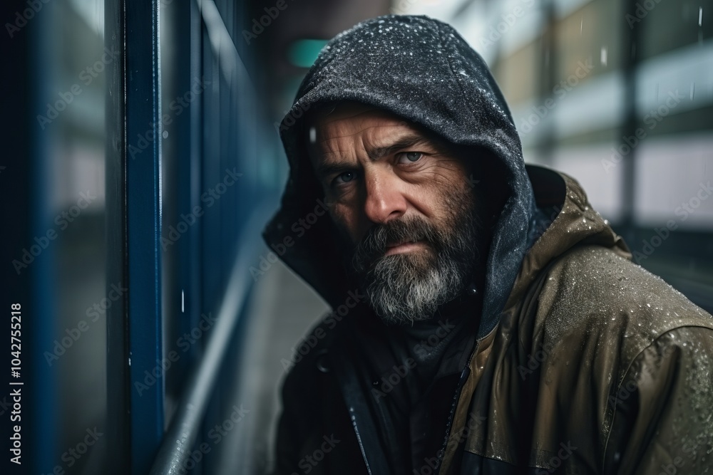 Portrait of a homeless man on the street in the rain. Portrait of a homeless man on the street in the rain.