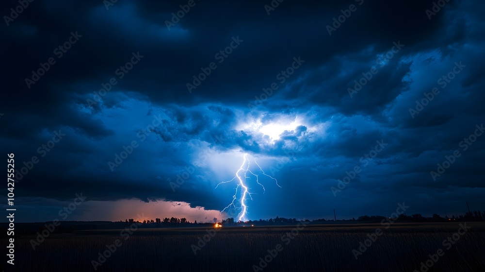 Dramatic Storm with Powerful Lightning Bolt Over Countryside Landscape at Dusk Dramatic Storm with Powerful Lightning Bolt Over Countryside Landscape at Dusk