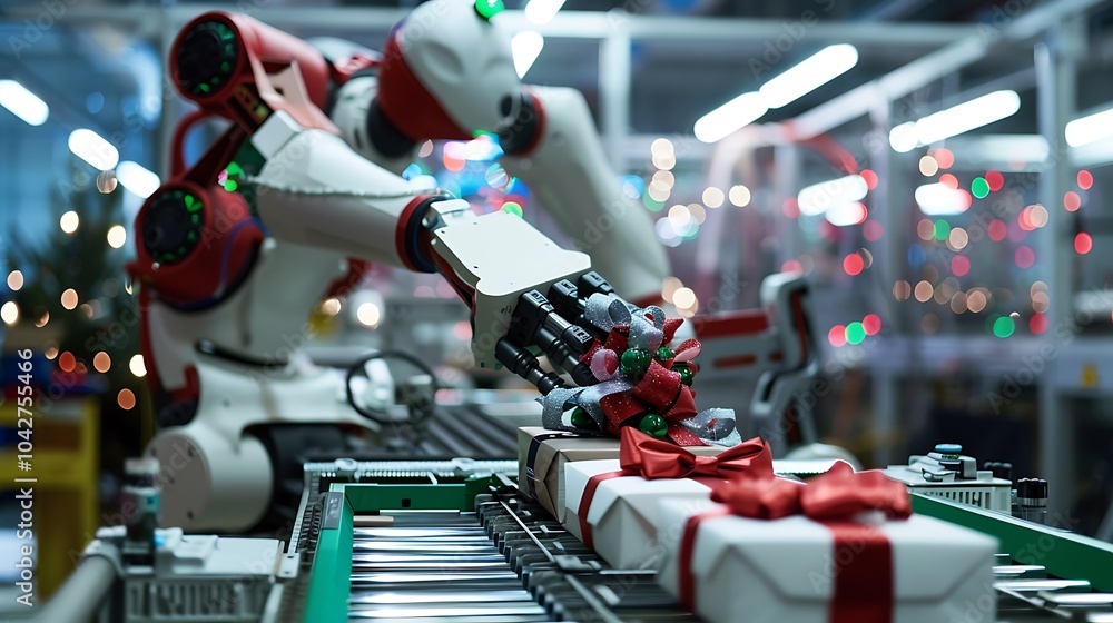 Obraz premium At the plant an artificial intelligence robot folds holiday presents and accessories