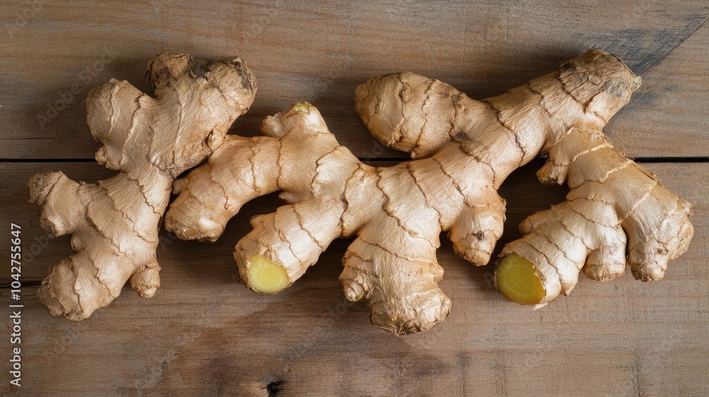Earthy tones emphasize fresh ginger roots placed on wood, representing the health and wellness benefits of this natural Earthy tones emphasize fresh ginger roots placed on wood, representing the health and wellness benefits of this natural