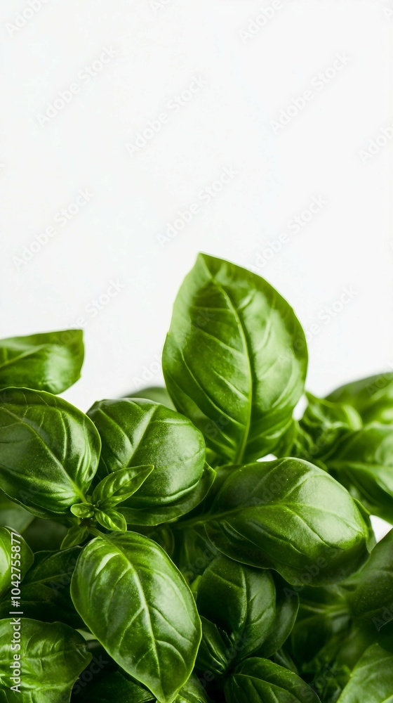 Close-Up of Fresh Green Basil Leaves on White Background Close-Up of Fresh Green Basil Leaves on White Background