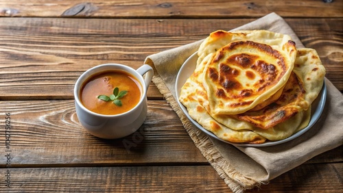 Hot coffee and roti canai or roti parata dalca with curry sauce on wooden background photo