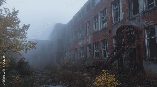 Abandoned Brick Building in a Foggy Atmosphere