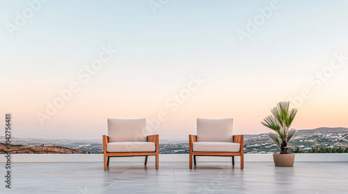 Two wooden chairs overlooking a scenic landscape during sunset with a potted plant nearby