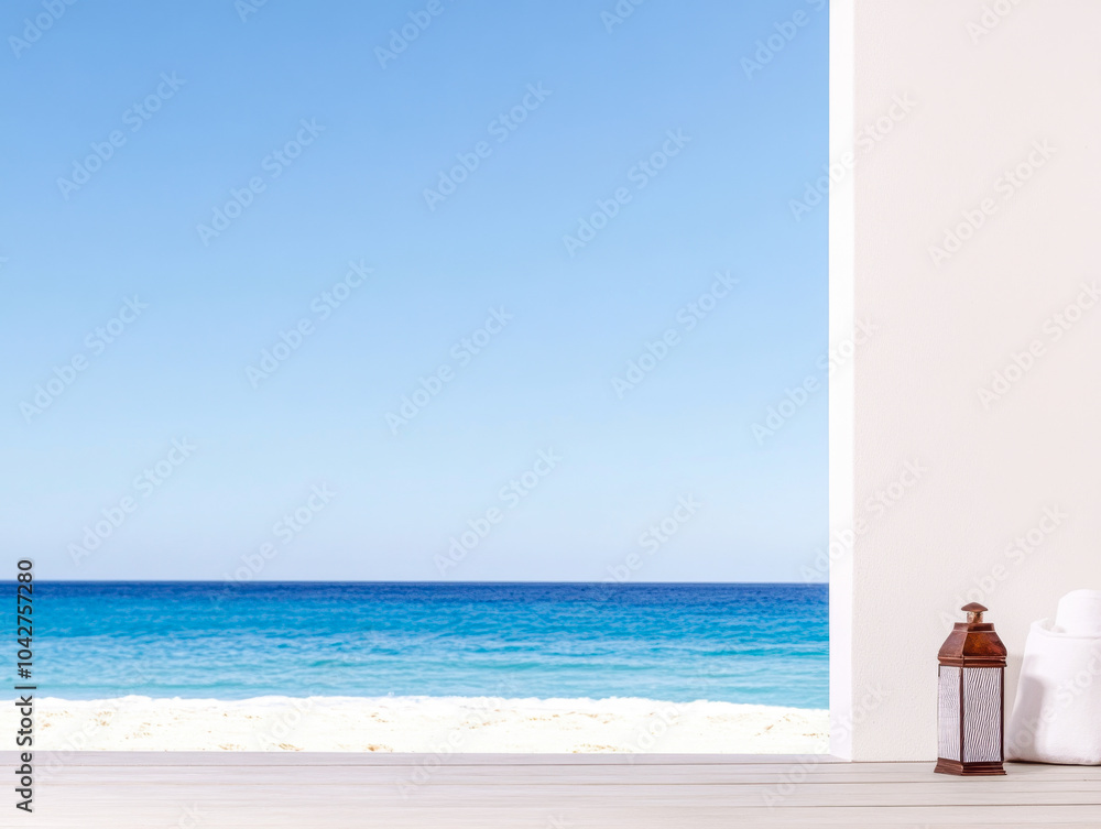 A serene coastal view from a bright, airy room overlooking the turquoise ocean on a sunny day A serene coastal view from a bright, airy room overlooking the turquoise ocean on a sunny day