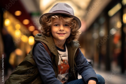 A portrait of a cute little boy in a hat on the street.