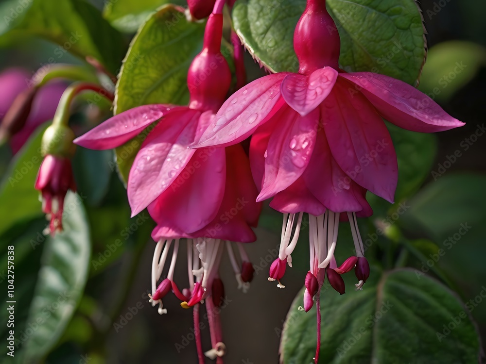 Obraz premium Beautiful and charming fuchsia pink flowers photographed from close range in the garden next to the house