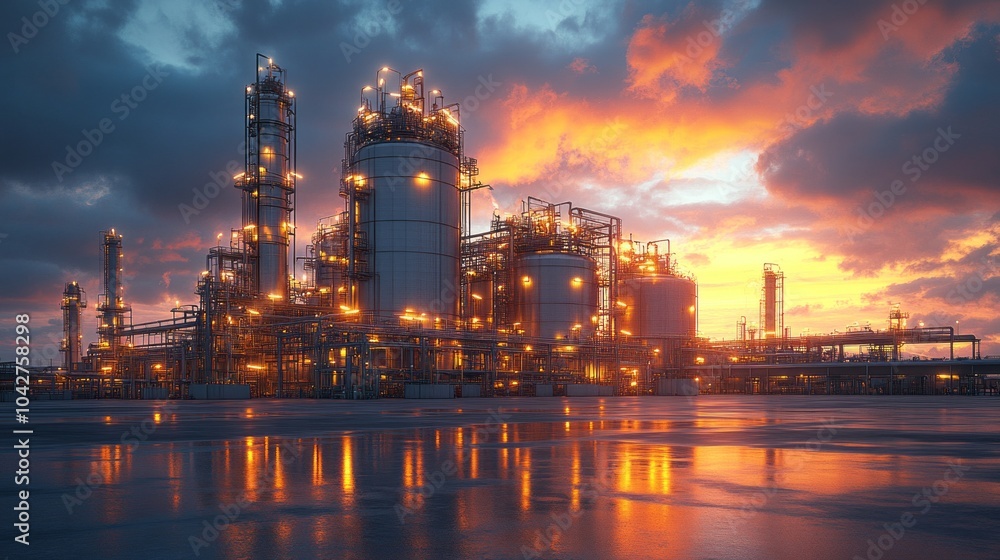 Fototapeta premium A large industrial plant with a sunset in the background