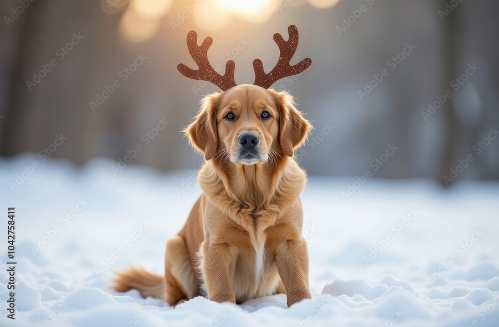 Golden retriever lies in snow, wearing cute reindeer antlers during Christmas and New Year season Golden retriever lies in snow, wearing cute reindeer antlers during Christmas and New Year season