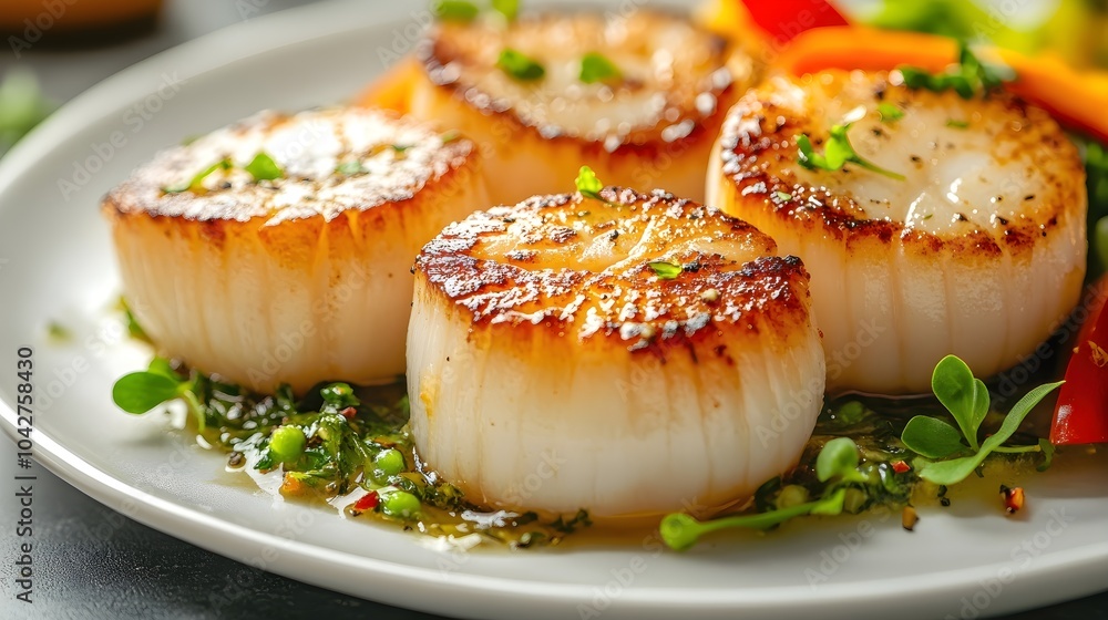 Beautifully Plated Seared Scallops with Fresh Vegetables Beautifully Plated Seared Scallops with Fresh Vegetables