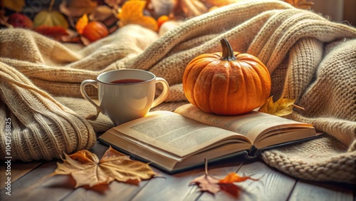 Cozy autumn reading nook with pumpkin and knitted blanket , Autumn, serene, cozy, reading nook, pumpkin