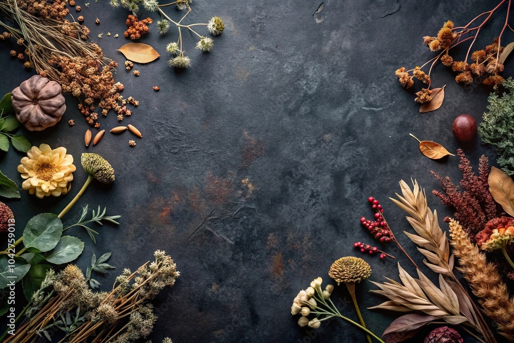 Dark academia flat lay background with dried flowers and foliage on black surface Dark academia flat lay background with dried flowers and foliage on black surface