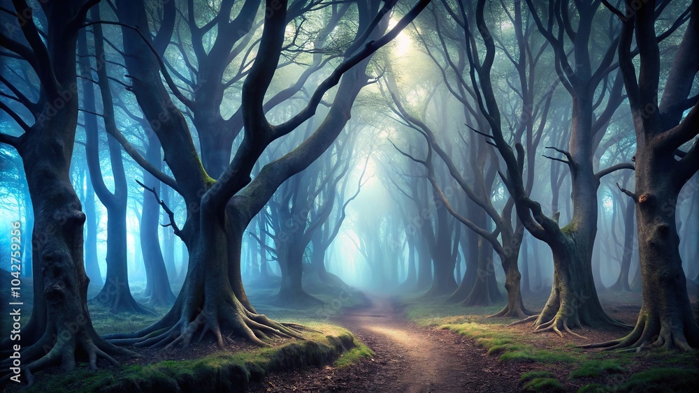 Obraz premium Dark and eerie forest at dusk shrouded in fog