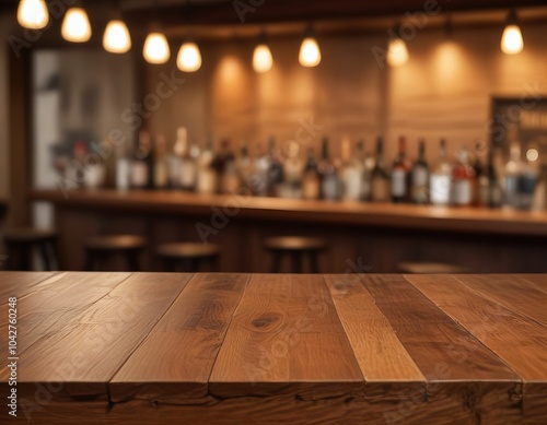 there is a wooden table with a bar in the background.