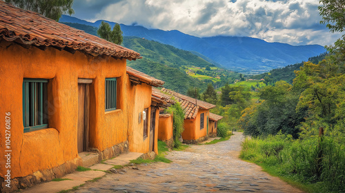 A peaceful Andean village with adobe houses against a mountain backdrop.