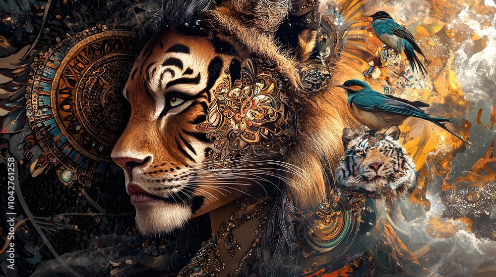 Fototapeta premium painting mighty lion and tiger head, and mystic woman with ornamental tattoo on face with bird, ornament background and mandala. computer collage, profile portrait, eye contact. 