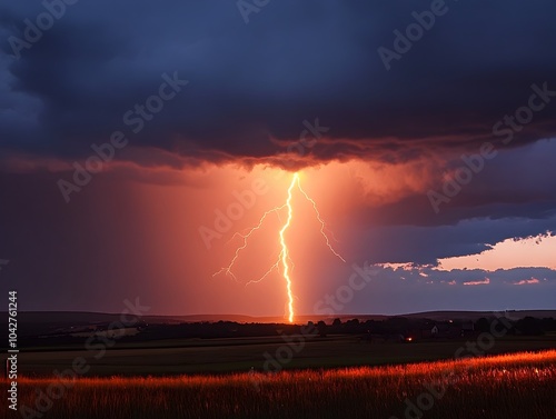 Dramatic Storm with Powerful Lightning Bolt Illuminating the Countryside