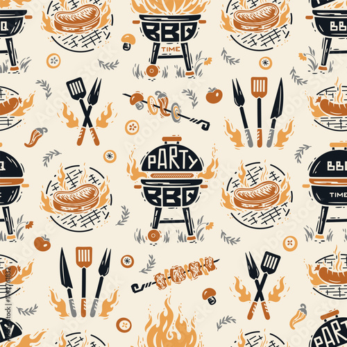 BBQ Party Time. Vector Seamless Food Pattern of Portable Charcoal Grill and Barbecue Meat and Vegetable. Meat Kebab or Shashlik and Barbeque Vegetable Skewer.