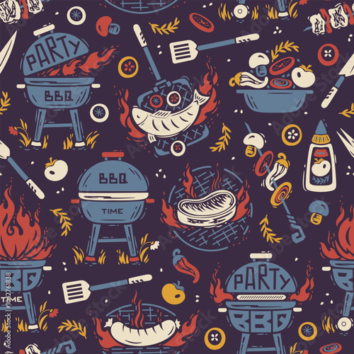 BBQ Party Time. Vector Seamless Food Pattern of Portable Charcoal Grill and Barbecue Meat and Vegetable. Meat Kebab or Shashlik and Barbeque Vegetable Skewer. 