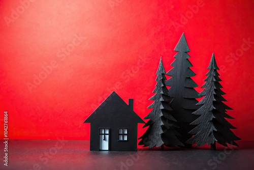 House in the forest made with black paper against a red background close-up photo