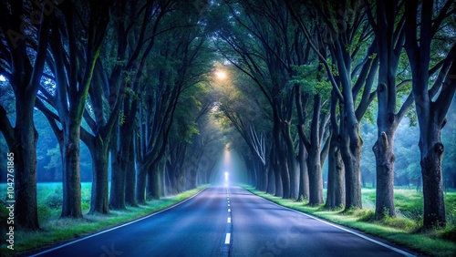 Dark road lined with trees at night