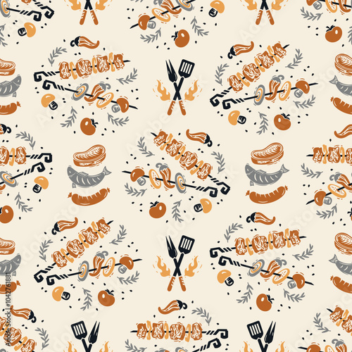 BBQ Party Time. Meat Kebab or Shashlik and Barbeque Vegetable Skewer. Barbecue Grill Meat and Vegetable. Vector Seamless Food Pattern.