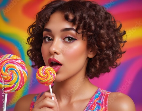  woman with curly hair holding a lollipop in front of her face. photo