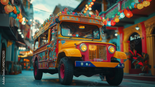 A vibrant traditional Filipino jeepney parked in a colorful street.