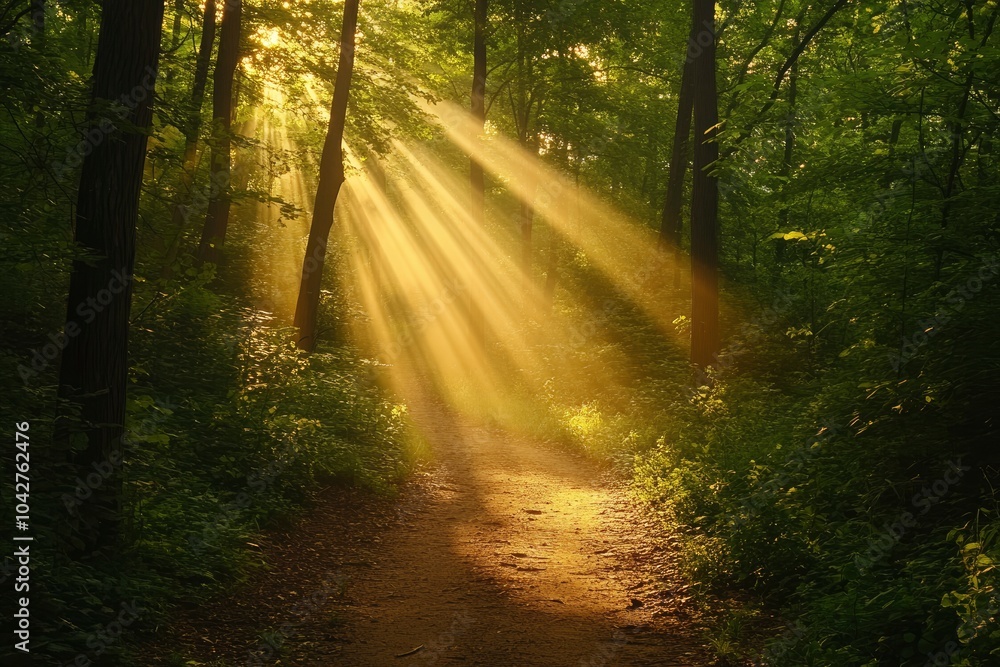 Obraz premium Sunbeams illuminate a forest path in a magical scene, with vibrant green foliage and a sense of mystery.