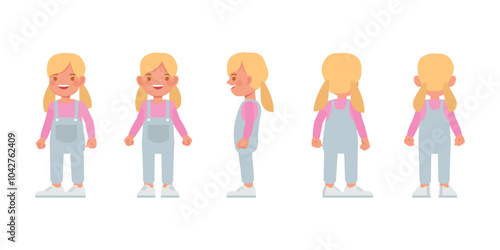 Kid girl front, side and back view wear blue denim jumpsuit character vector illustration design set. Presentation in various action.