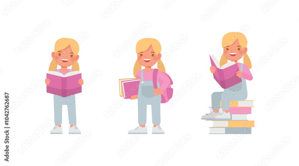 Kid wear blue denim jumpsuit character set. Girl reading a book vector illustration design. Kid wear blue denim jumpsuit character set. Girl reading a book vector illustration design.