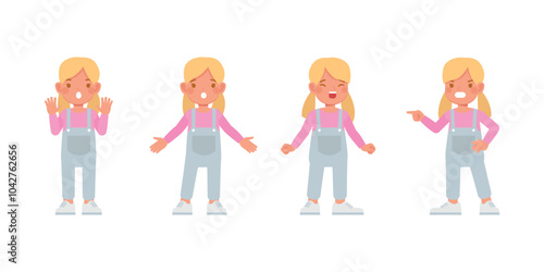 Kid wear blue denim jumpsuit character set. Girl is angry, sad and disappointed vector illustration design.