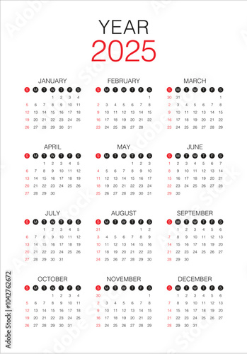 2025 year calendar vector design template