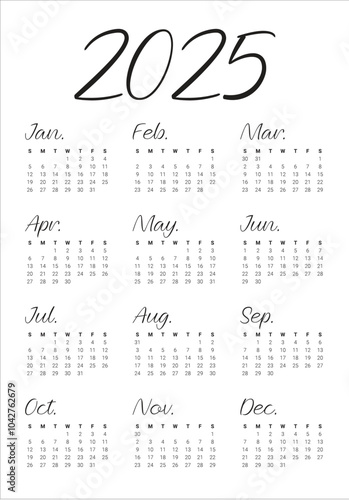 2025 year calendar vector design template