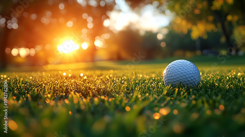 Golf Ball on Green Grass at Sunset - Photo