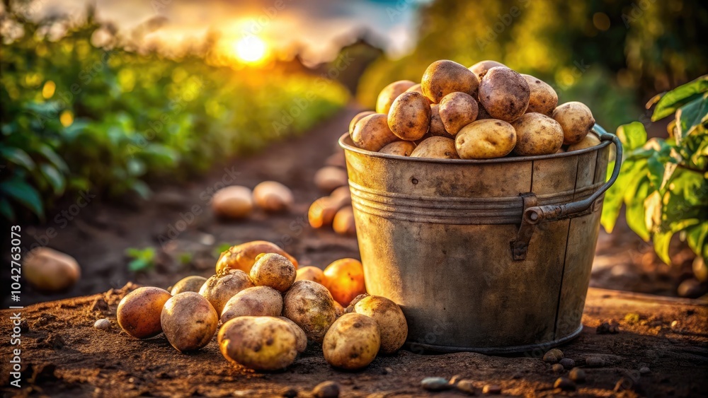 Fresh Harvest of Potatoes in a Bucket Captured in Low Light Photography, Rustic Farm Vibes, Natural Textures, Selective Focus on Organic Produce Fresh Harvest of Potatoes in a Bucket Captured in Low Light Photography, Rustic Farm Vibes, Natural Textures, Selective Focus on Organic Produce