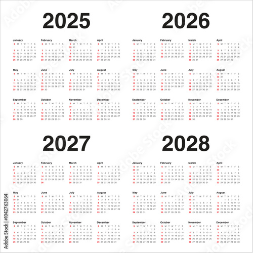 2025 2026 2027 2028 year calendar vector design template