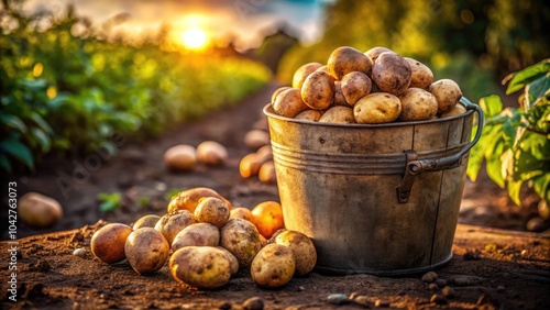 Fresh Harvest of Potatoes in a Bucket Captured in Low Light Photography, Rustic Farm Vibes, Natural Textures, Selective Focus on Organic Produce