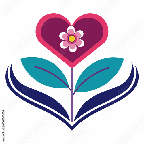 Open book forming a heart with a flower in the center on a white background