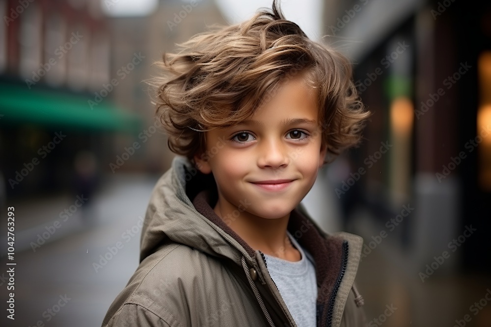 Portrait of a cute little boy with curly hair in the city Portrait of a cute little boy with curly hair in the city