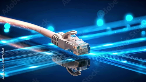 Closeup of a beige ethernet cable with RJ-45 connector on a blue digital background.