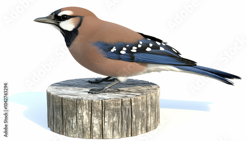 A Eurasian jay, perched on a tree stump. photo