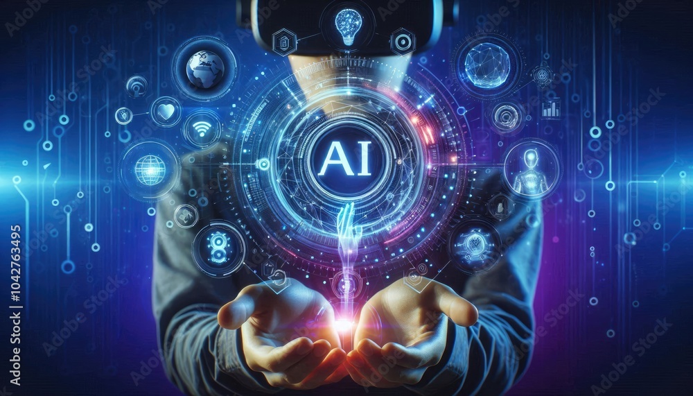 Immersive AI Experience: Person Using VR Headset Interacting with Holographic AI Interface, Featuring Digital Icons for Data Processing, Automation, and Global Connectivity