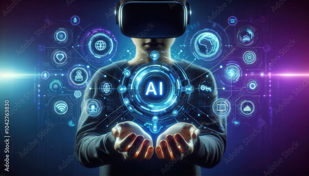 Fototapeta premium Immersive AI Experience: Person Using VR Headset Interacting with Holographic AI Interface, Featuring Digital Icons for Data Processing, Automation, and Global Connectivity