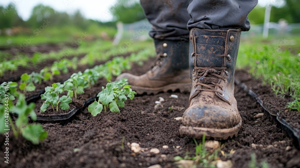 Farmer worn, muddy boots resting near rows of newly planted seedlings, a symbol of commitment to the land. Farmer worn, muddy boots resting near rows of newly planted seedlings, a symbol of commitment to the land.